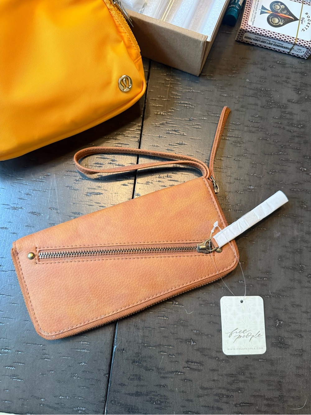 Free People Vegan Leather Tan Brown Wristlet Clutch with Front Zip